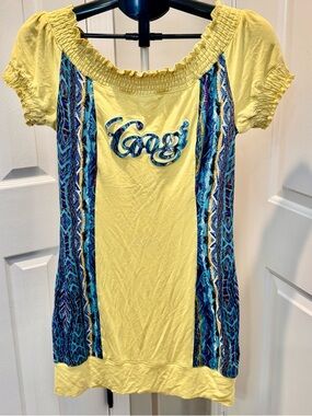 COOGI Yellow Off Shoulder Top Womens Large Colorful Y2K Stretch Shirt